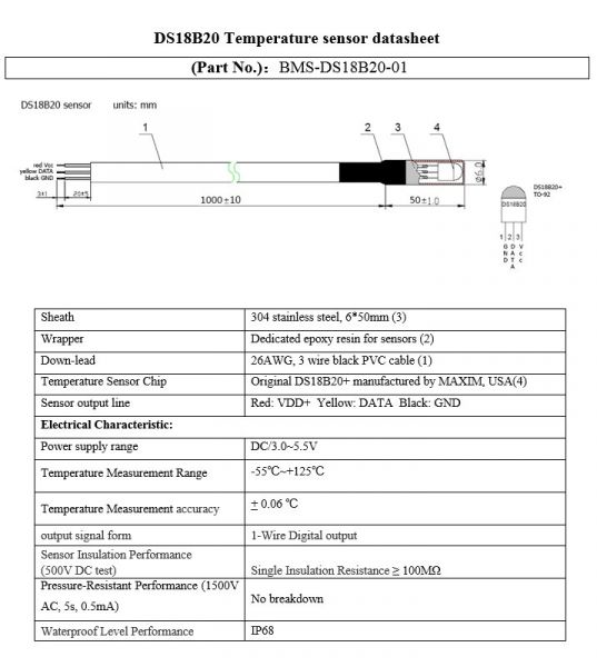 Digitální teplotní čidlo DS18S20, nerezové pouzdro, 3m, -50 až 125 °C